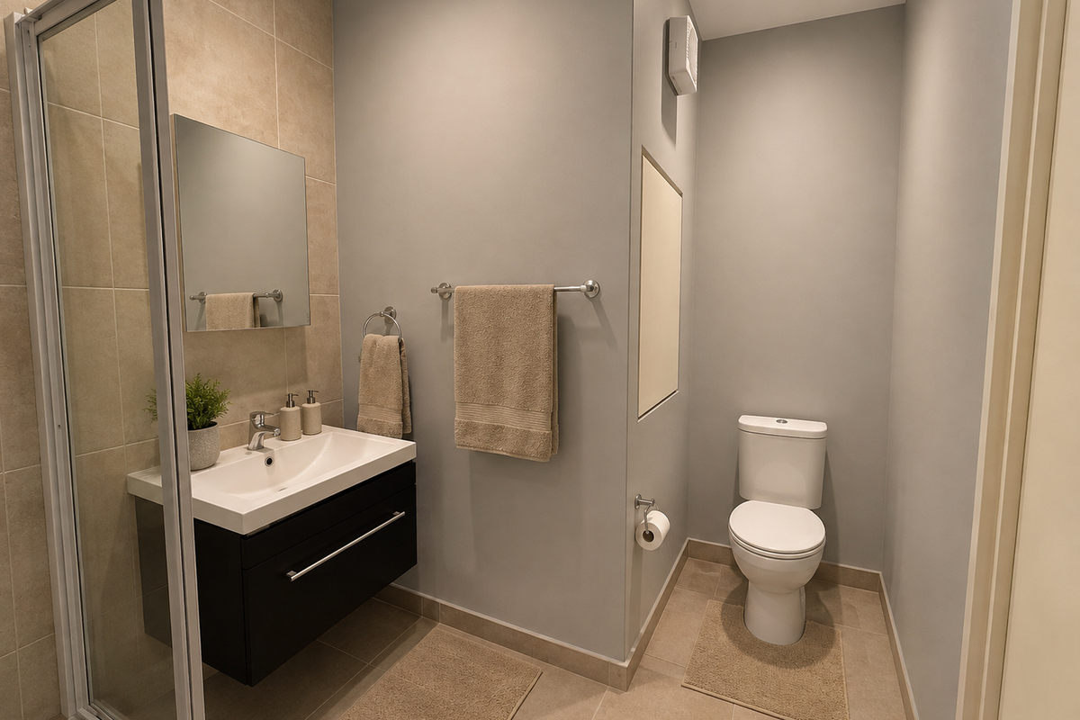 Modern bathroom featuring a wall-mounted vanity with basin, glass-enclosed shower, and a standard toilet, finished with neutral wall paint and tiled flooring.
