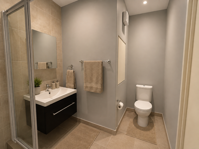Modern bathroom featuring a wall-mounted vanity with basin, glass-enclosed shower, and a standard toilet, finished with neutral wall paint and tiled flooring.