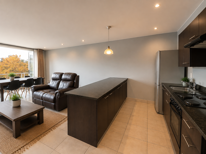 Modern open-plan living area featuring a well-appointed kitchen with dark cabinetry, granite countertops, and integrated appliances, flowing into a bright, comfortable lounge space.
