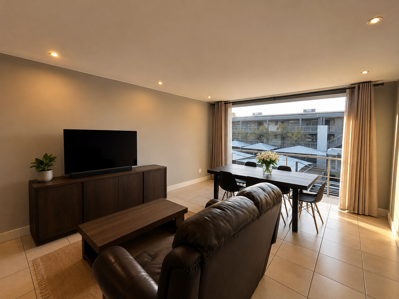 Open-plan living and dining area featuring tiled floors, recessed lighting, and direct access to a balcony with exterior views.