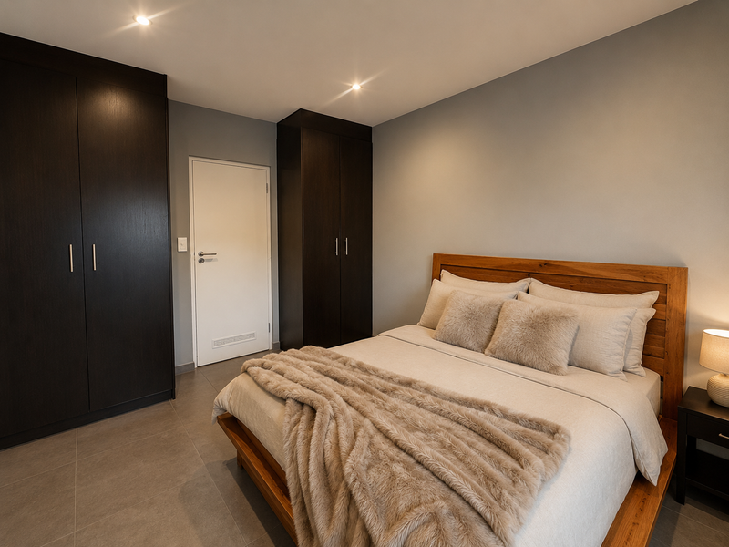 A well-maintained bedroom featuring dark wood built-in cupboards, neutral grey walls, and modern tiled flooring with recessed ceiling lighting.
