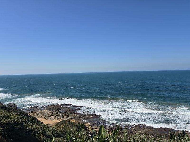 A scenic, elevated view of the ocean coastline featuring rocky shores and natural vegetation.