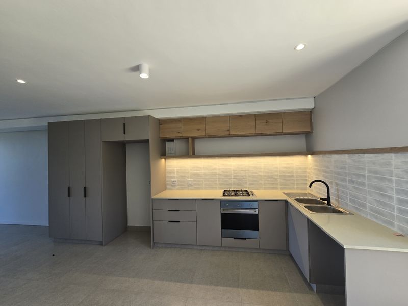 Modern kitchen featuring sleek cabinetry, stone countertops, integrated gas hob, electric oven, and a double sink with contemporary fixtures.