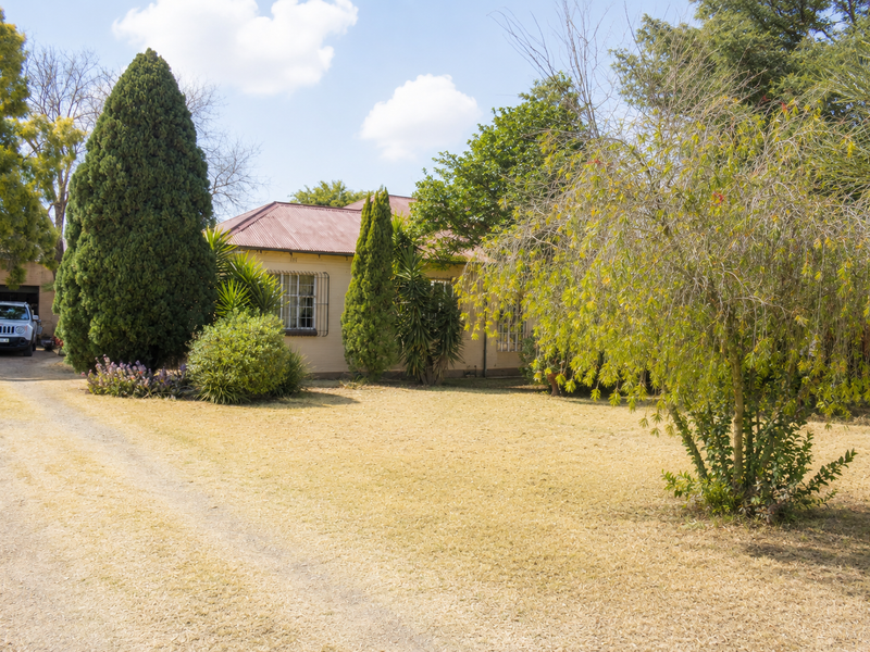 Front view of a single-story house featuring a corrugated metal roof, brick exterior, and a large garden with a gravel driveway.