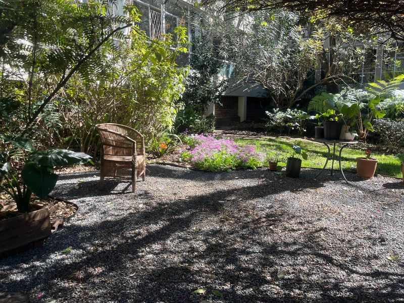 A tranquil, shaded garden area featuring gravel landscaping and established greenery, providing a private outdoor retreat.