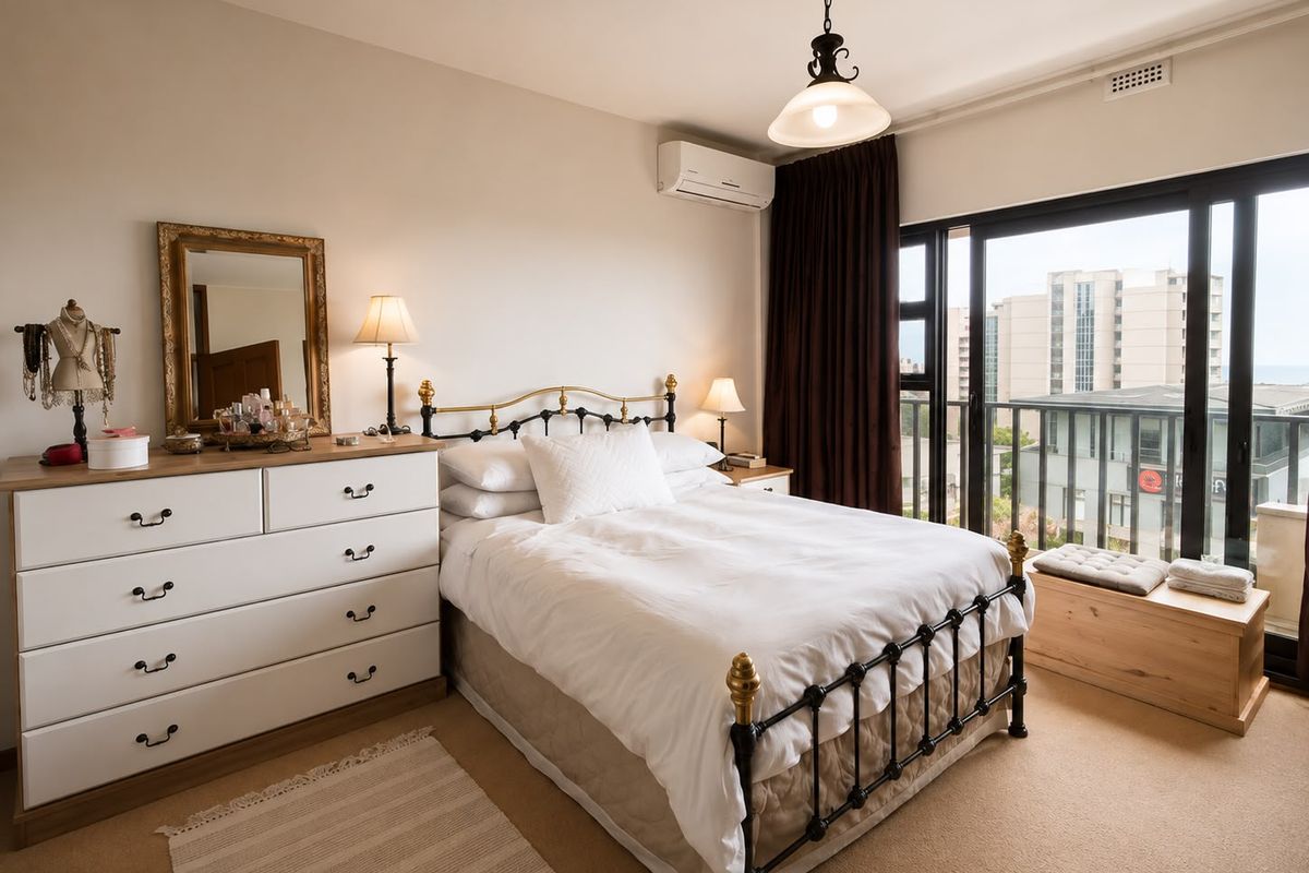 A well-maintained bedroom featuring carpet flooring, a split-system air conditioner, and large sliding glass doors providing access to a balcony with urban views.