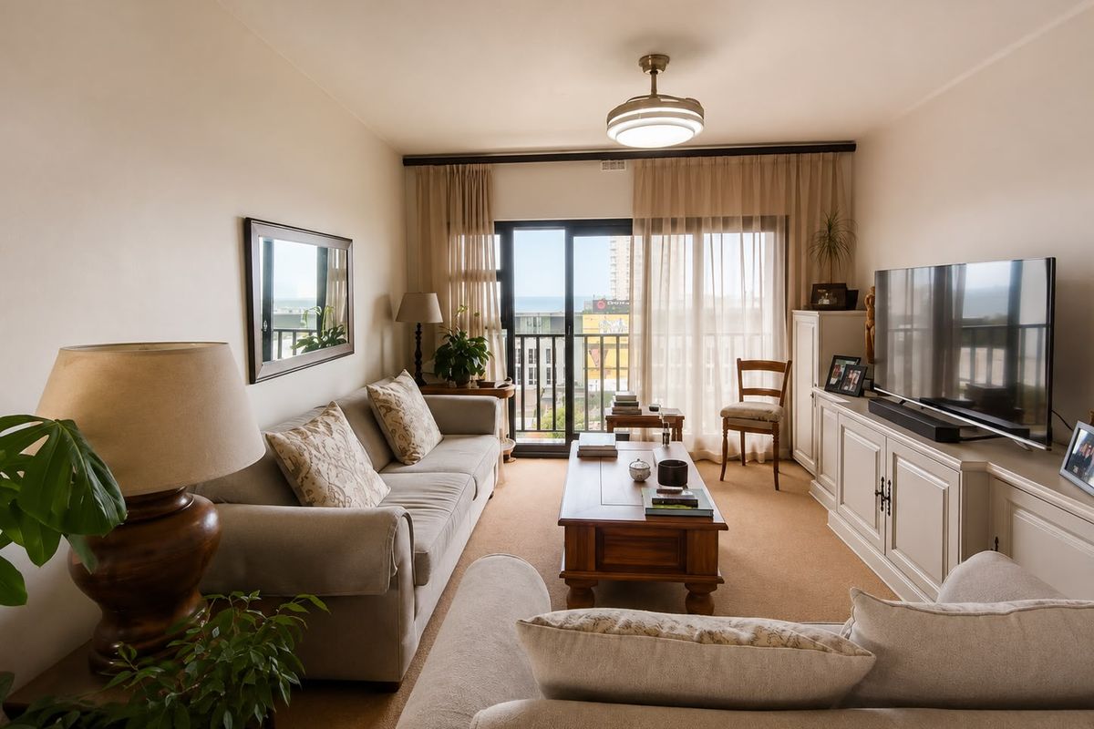 A comfortable living room featuring built-in cabinetry, a ceiling fan, and large sliding glass doors that provide natural light and access to the balcony.