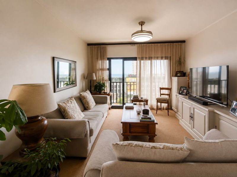 A comfortable living room featuring built-in cabinetry, a ceiling fan, and large sliding glass doors that provide natural light and access to the balcony.