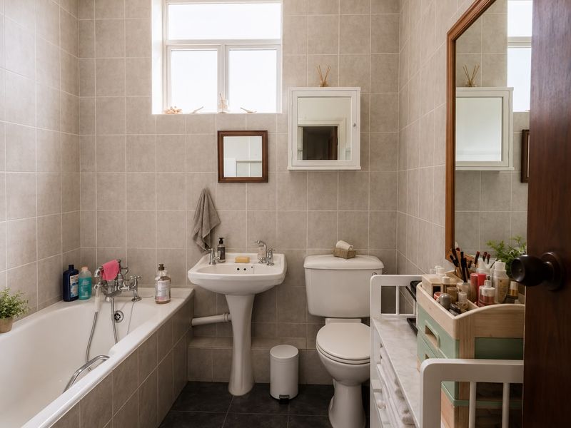 A functional bathroom featuring a pedestal washbasin, bathtub, toilet, and neutral wall tiling, providing a clean and practical space.