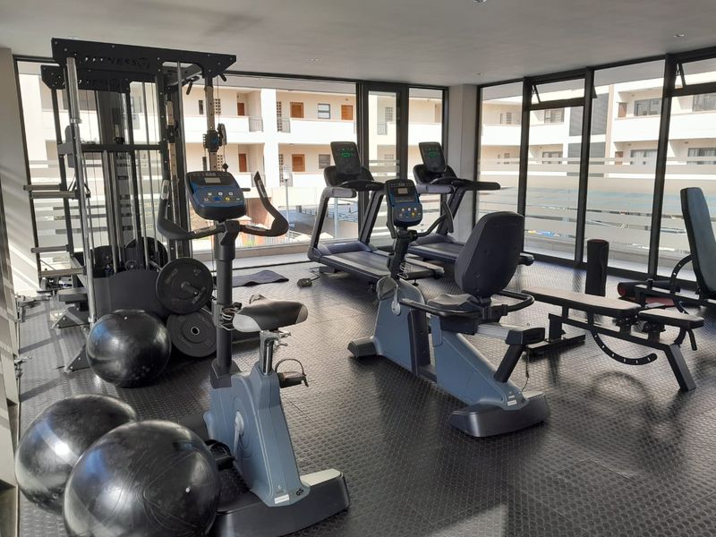 A well-lit, modern apartment gym facility featuring rubberized flooring and expansive floor-to-ceiling windows overlooking the complex courtyard.