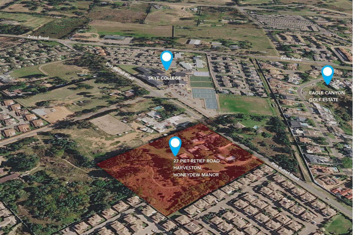 Aerial view showing the location of the property at 27 Piet Retief Road, Honeydew Manor, in relation to local landmarks and surrounding residential areas.