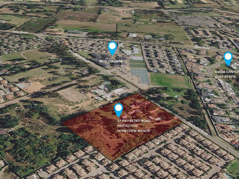 Aerial view showing the location of the property at 27 Piet Retief Road, Honeydew Manor, in relation to local landmarks and surrounding residential areas.