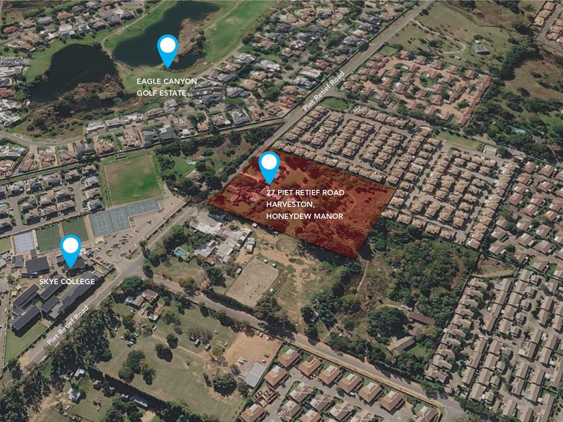 An aerial view highlighting the property location at 27 Piet Retief Road, Harveston, Honeydew Manor, in relation to local landmarks and surrounding residential estates.