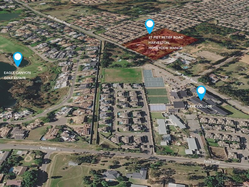 An aerial view showing the location of the property in relation to surrounding residential areas, local schools, and golf estates.