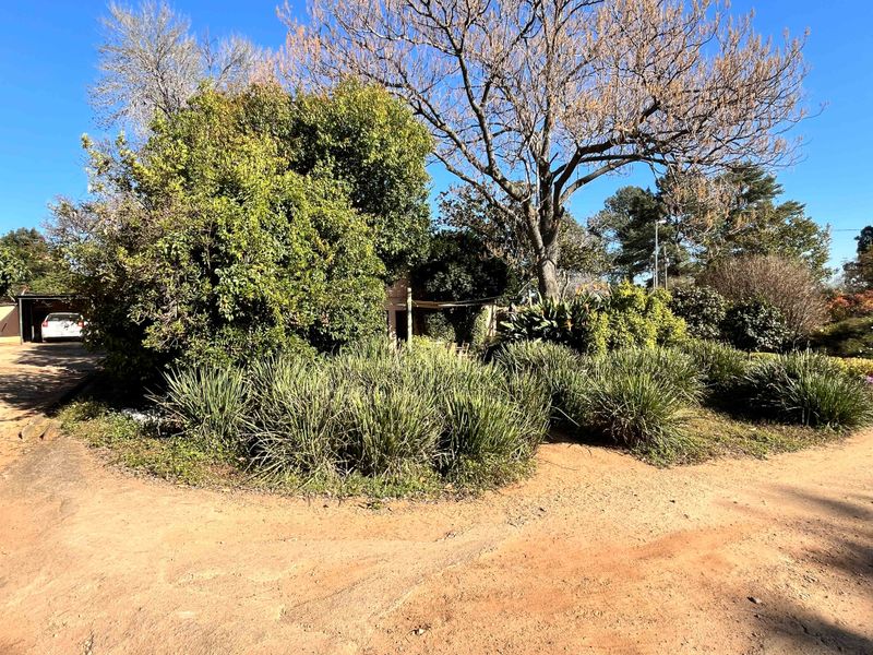 A view of the property entrance featuring a dirt driveway, established garden with mature trees, and a carport structure.