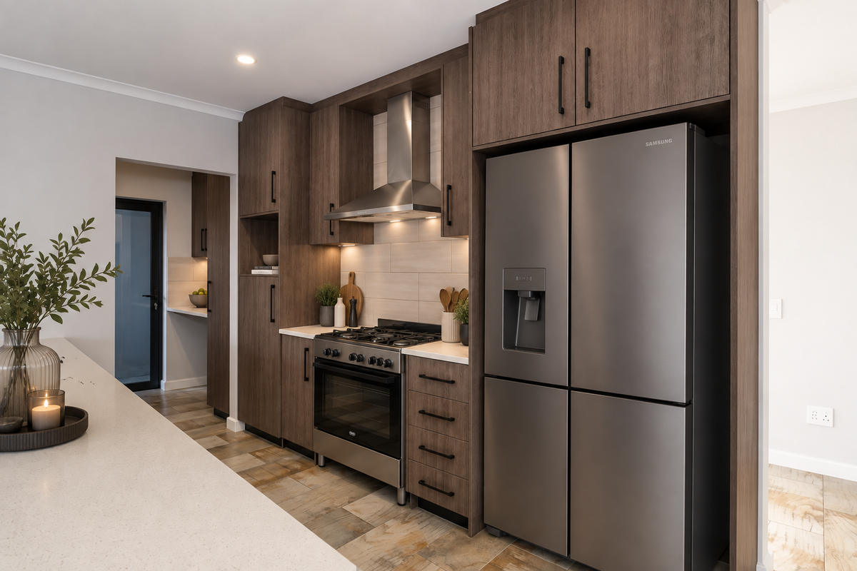 Modern kitchen featuring dark wood cabinetry, stone countertops, stainless steel gas stove, extractor fan, and tiled flooring with a seamless transition to a scullery area.