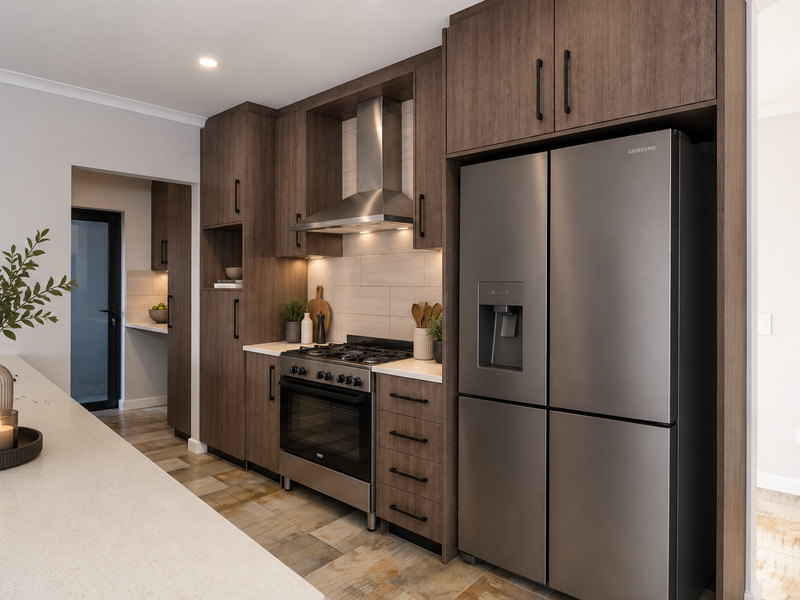 Modern kitchen featuring dark wood cabinetry, stone countertops, stainless steel gas stove, extractor fan, and tiled flooring with a seamless transition to a scullery area.