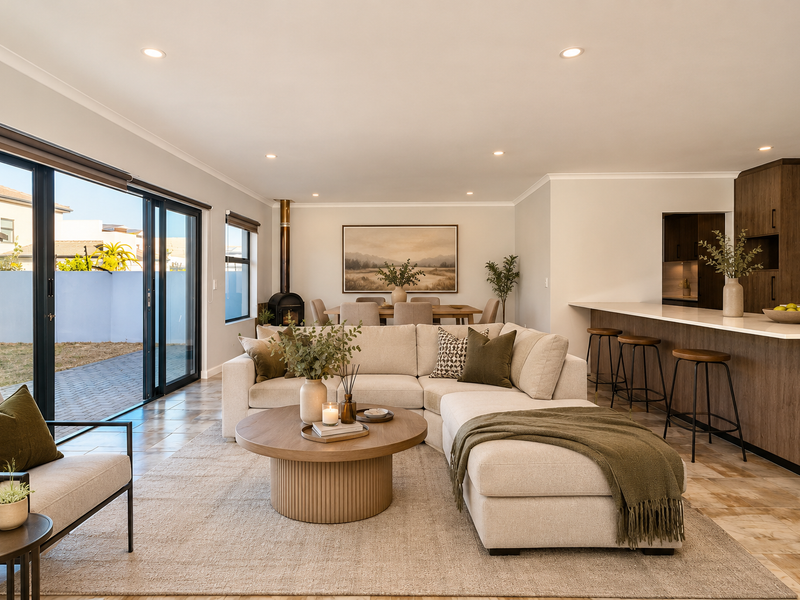 Spacious open-plan living area featuring a modern kitchen with island, wood-burning fireplace, and large sliding doors opening to the outdoor patio.
