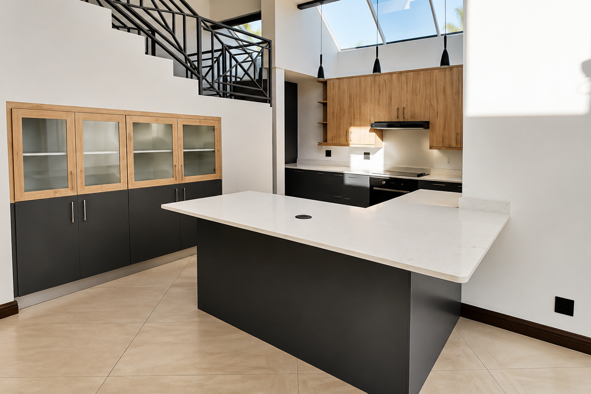 Modern kitchen featuring a central island, sleek two-tone cabinetry, stone countertops, and a skylight, adjacent to an internal staircase.