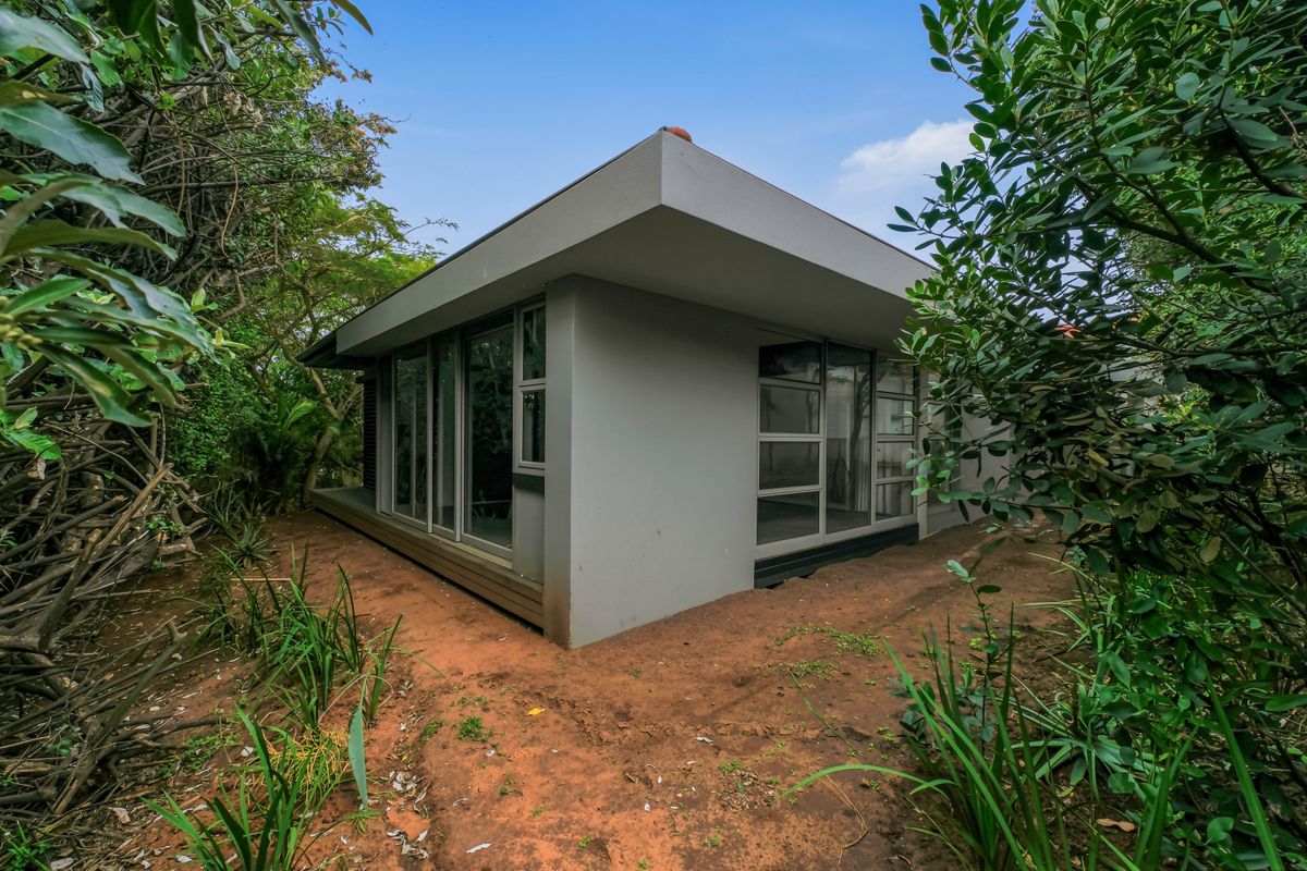 Rear view of a modern townhouse featuring large sliding glass doors, aluminium window frames, and a flat roof, set within a natural garden environment.