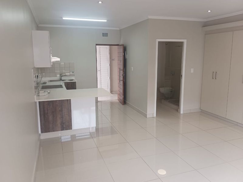Open-plan living area featuring a modern kitchen with stone countertops, tiled flooring, built-in cupboards, and access to an en-suite bathroom.
