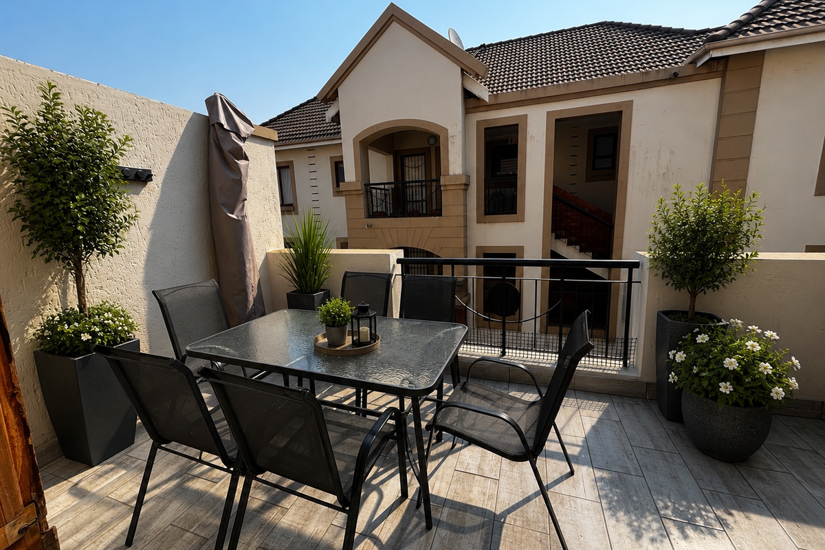 A well-maintained outdoor balcony featuring tiled flooring and a metal balustrade, offering a pleasant space for relaxation.