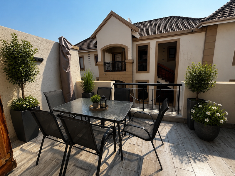A well-maintained outdoor balcony featuring tiled flooring and a metal balustrade, offering a pleasant space for relaxation.