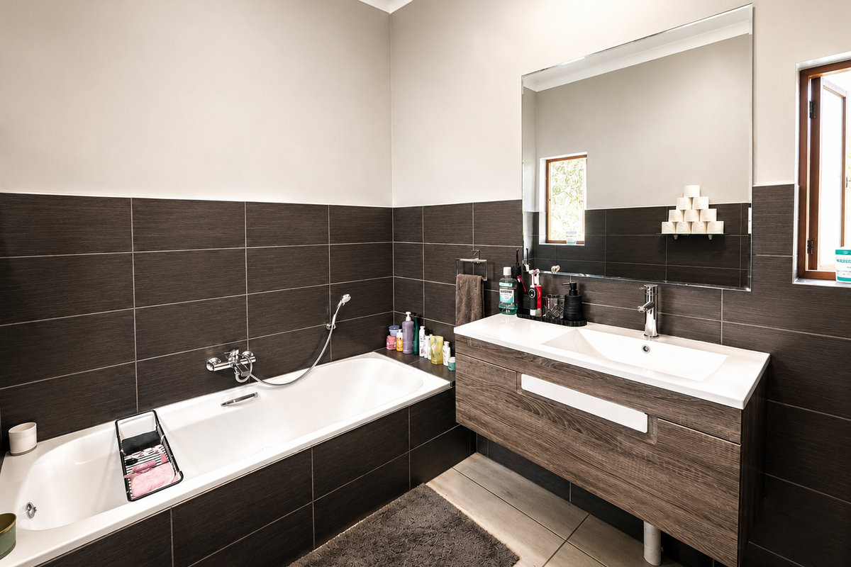 Modern bathroom featuring a floating wood-finish vanity, large wall mirror, and a built-in bathtub with dark tiled wall accents.