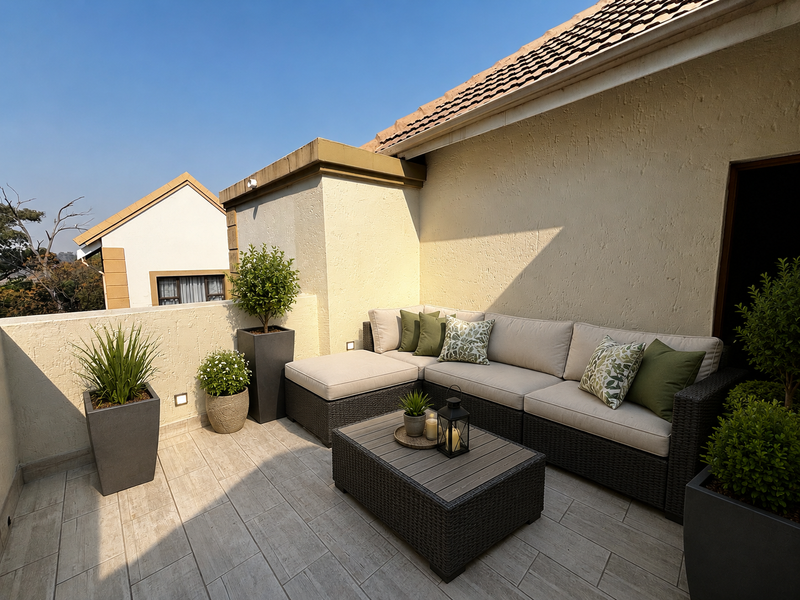 A well-maintained outdoor balcony featuring tiled flooring, plastered walls, and integrated wall lighting, providing a clean and inviting space.