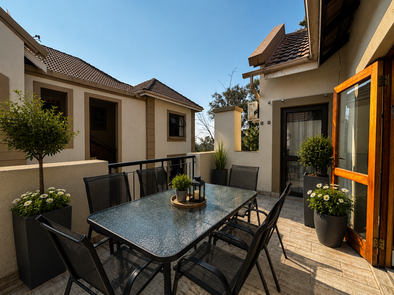 A well-maintained outdoor balcony featuring tiled flooring, a metal balustrade, and direct access to the interior through timber-framed glass doors.