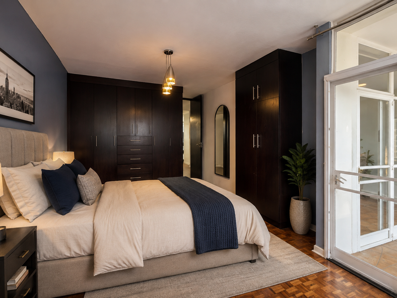 A well-maintained bedroom featuring dark wood built-in cupboards, classic parquet flooring, and a sliding glass door leading to an adjacent space.