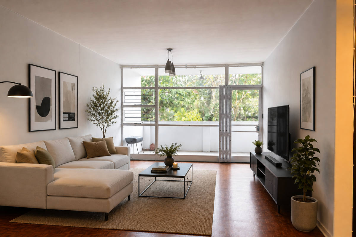 A bright and well-maintained living room featuring classic parquet flooring, large glass sliding doors leading to a balcony, and modern pendant lighting.