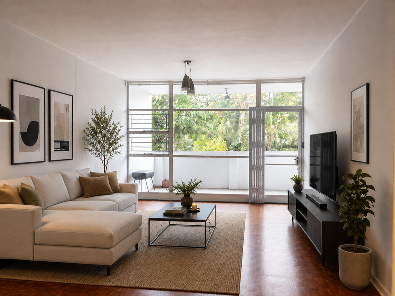 A bright and well-maintained living room featuring classic parquet flooring, large glass sliding doors leading to a balcony, and modern pendant lighting.