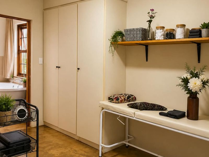 A bedroom featuring polished concrete floors, ample built-in cupboard storage, and a wall-mounted shelf, with an adjacent view into a bathroom.