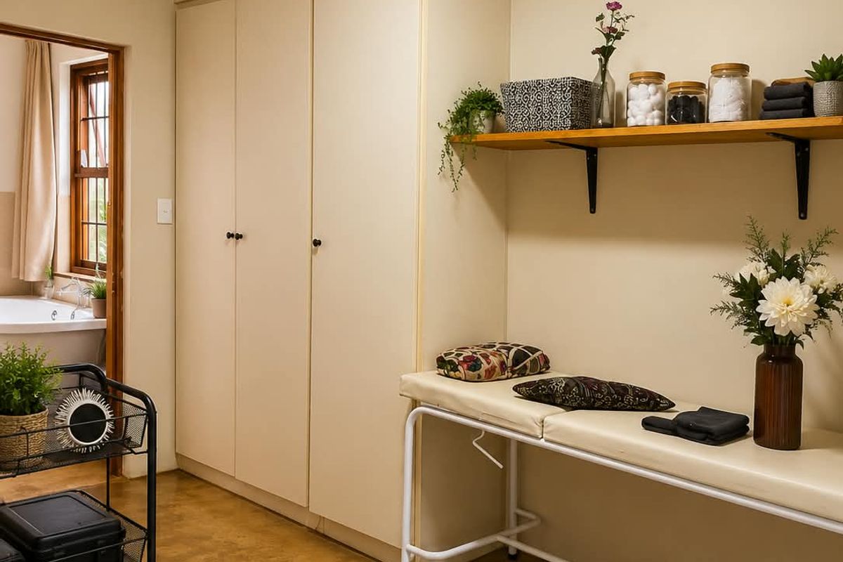 A bedroom featuring polished concrete floors, ample built-in cupboard storage, and a wall-mounted shelf, with an adjacent view into a bathroom.