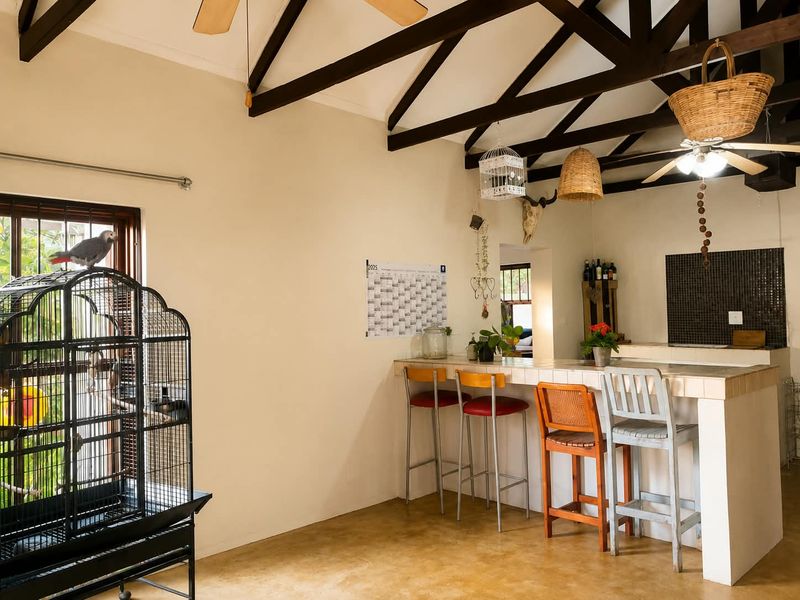 Open plan living area featuring exposed timber roof trusses, a tiled breakfast bar, and a tiled kitchen splashback.