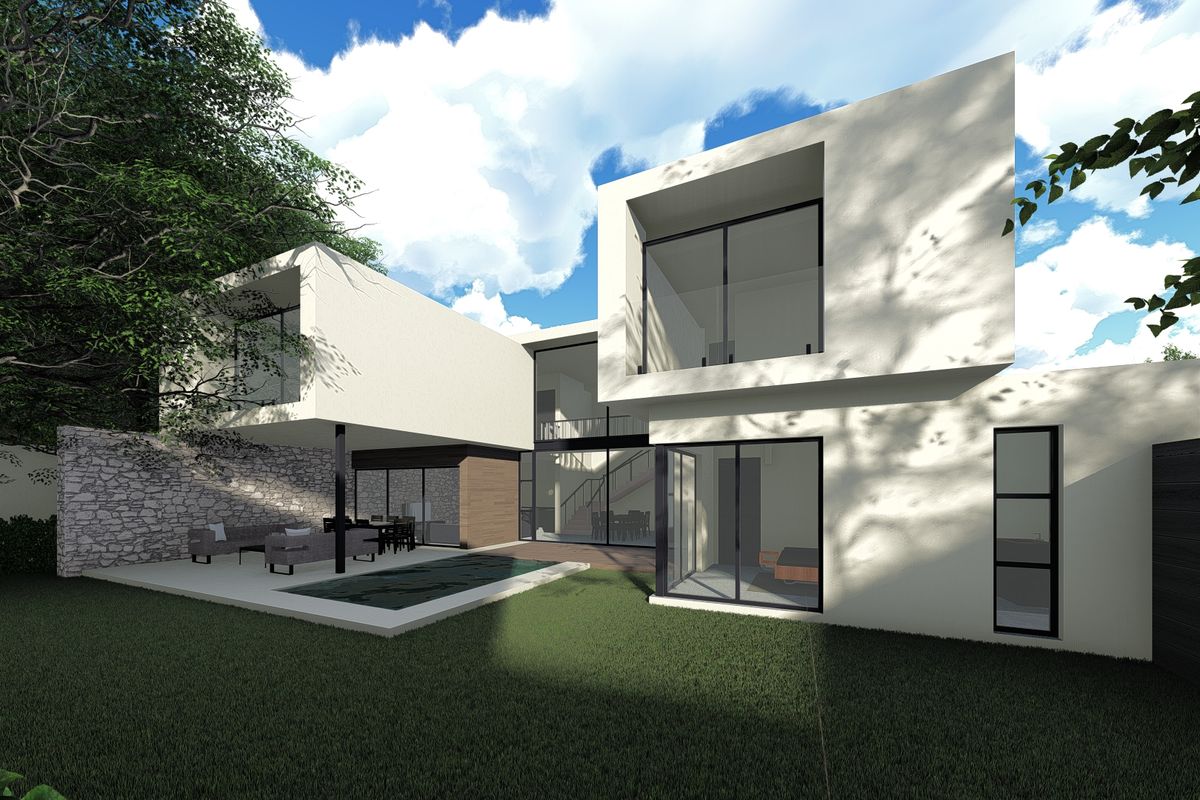 Modern architectural rear elevation featuring a swimming pool, covered patio area, and large glass sliding doors opening onto a private garden.