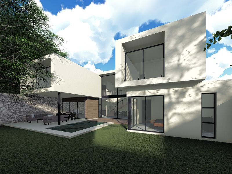 Modern architectural rear elevation featuring a swimming pool, covered patio area, and large glass sliding doors opening onto a private garden.