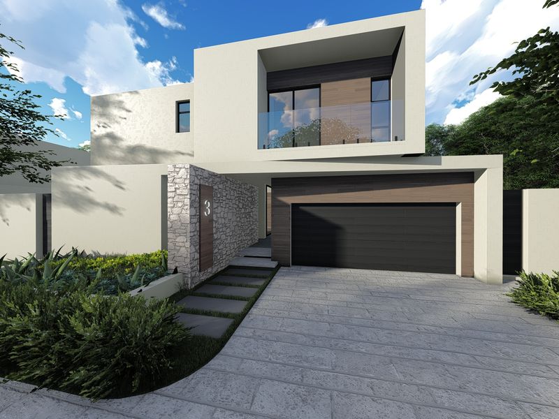Modern architectural front elevation featuring a double garage, stone feature wall, and a glass-fronted balcony.