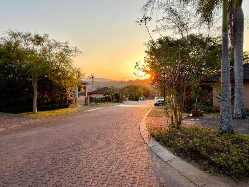A scenic street view of a residential neighborhood at sunset, featuring paved roads and established landscaping.