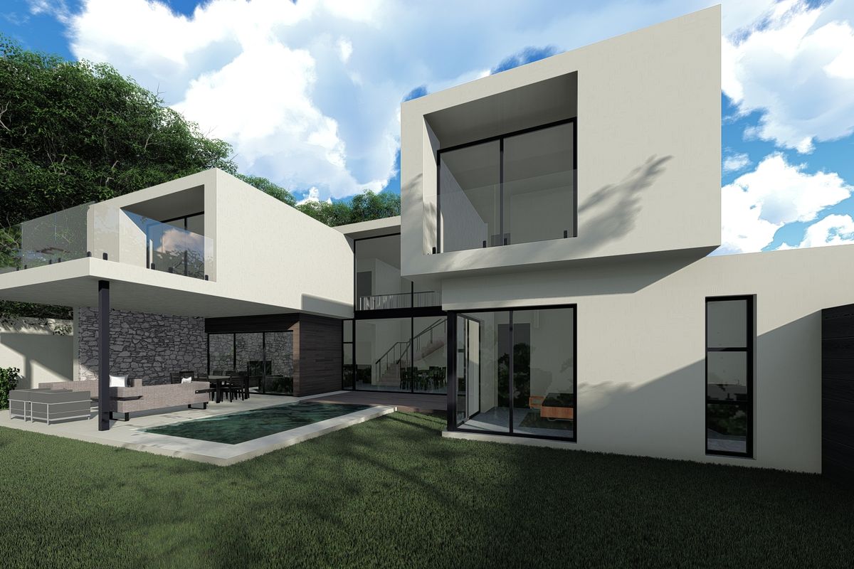 Modern architectural rear elevation featuring a swimming pool, covered patio, and expansive glass sliding doors opening onto a landscaped garden.