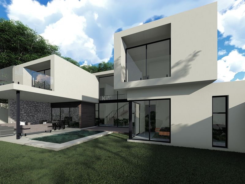 Modern architectural rear elevation featuring a swimming pool, covered patio, and expansive glass sliding doors opening onto a landscaped garden.