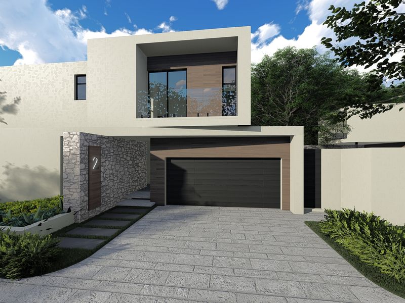 Modern double-story residential facade featuring stone cladding, timber accents, a paved driveway, and an integrated double garage.