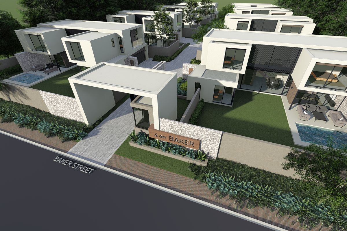 Aerial view of a modern residential estate development featuring contemporary townhouses with private pools, landscaped gardens, and secure gated access.
