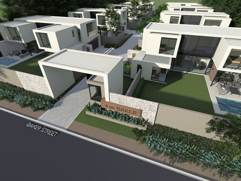 Aerial view of a modern residential estate development featuring contemporary townhouses with private pools, landscaped gardens, and secure gated access.