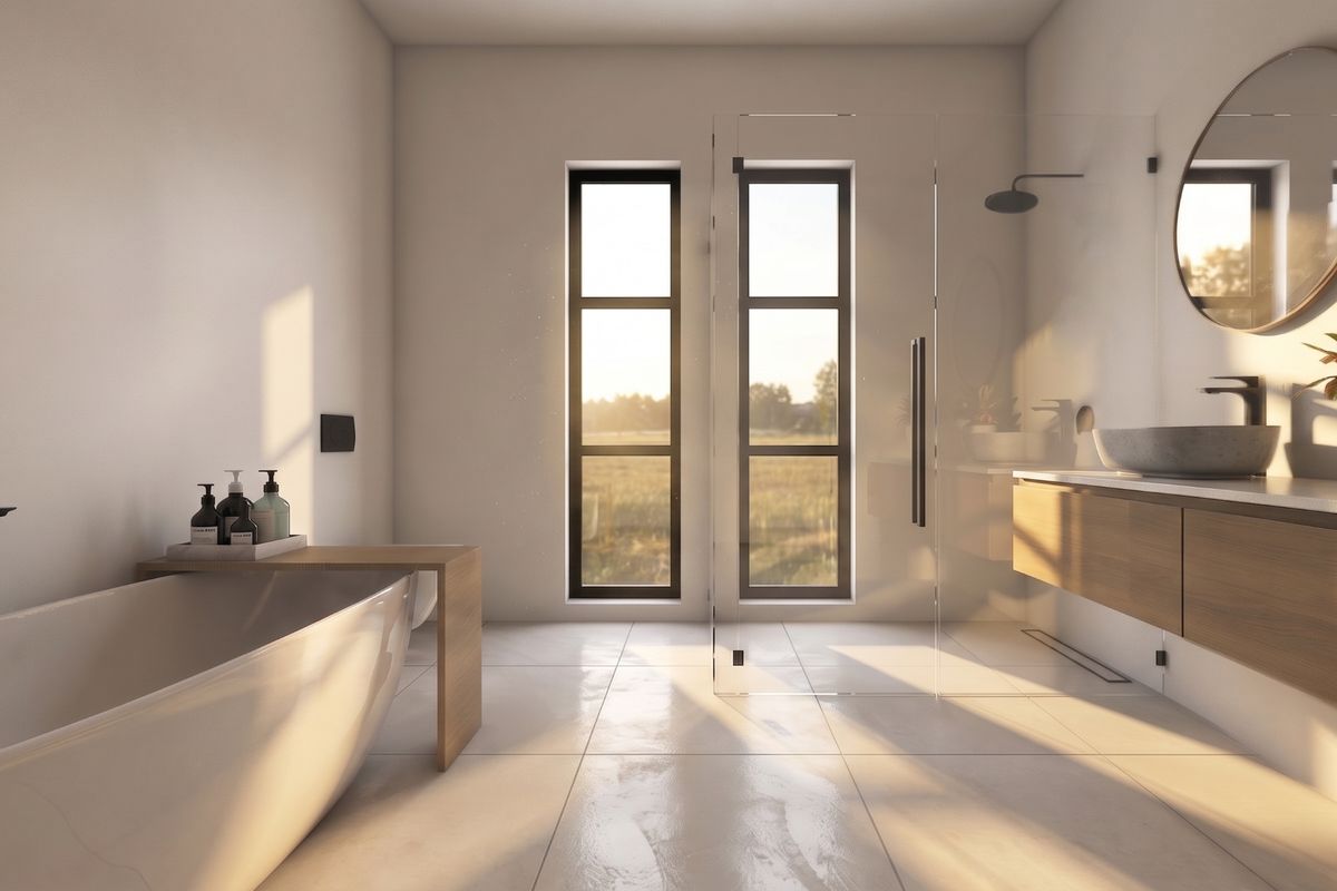 Modern, sunlit bathroom featuring a sleek freestanding bathtub, a spacious walk-in glass shower, and a contemporary wall-mounted vanity with a vessel sink.