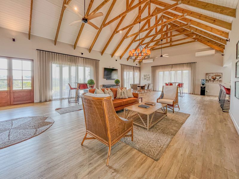 Spacious open-plan living area featuring high vaulted ceilings with exposed timber trusses, timber flooring, and large glass doors providing ample natural light.