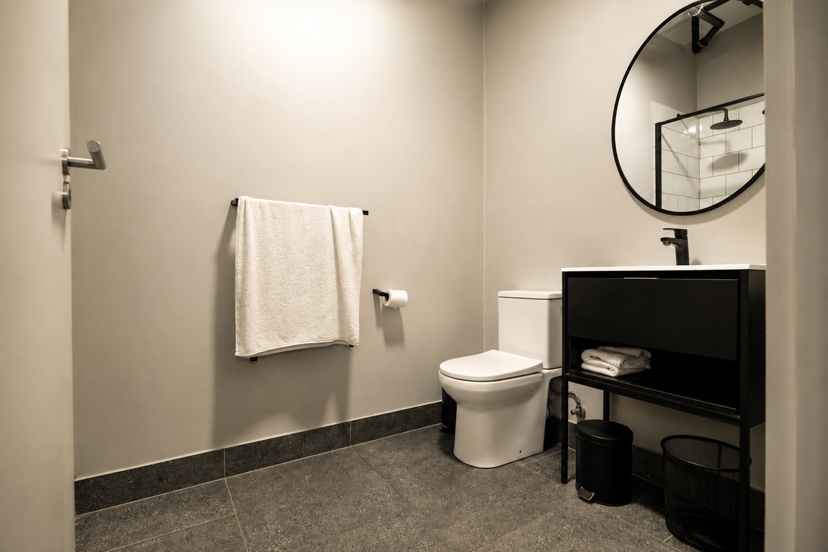 Modern bathroom featuring a sleek vanity cabinet, basin, round mirror, and toilet with contemporary tiled flooring.