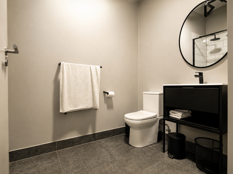 Modern bathroom featuring a sleek vanity cabinet, basin, round mirror, and toilet with contemporary tiled flooring.