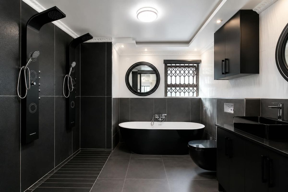 Modern, high-contrast bathroom featuring a sleek freestanding bathtub, dual shower panels, wall-mounted toilet, and contemporary vanity cabinetry with premium finishes.